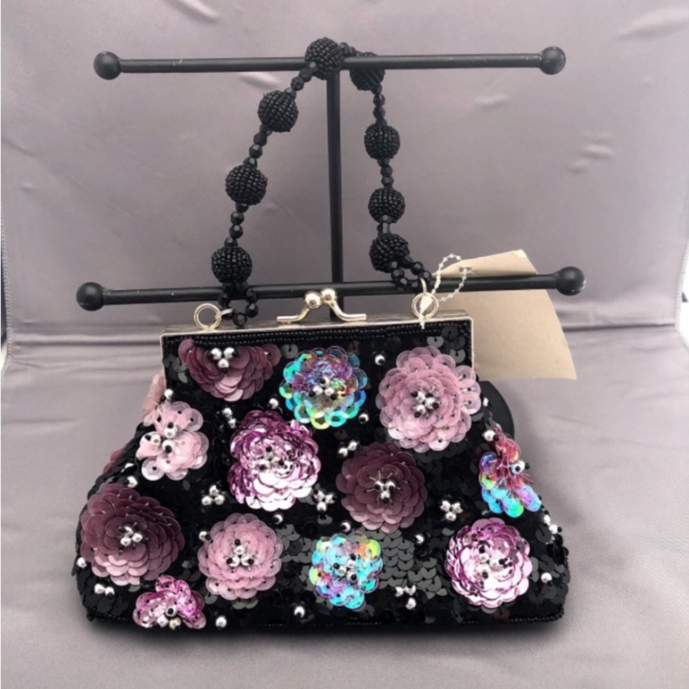 NWT New Madison Purple Floral Sequins Beaded Mini Handle Bag Purse Girlhoodcore